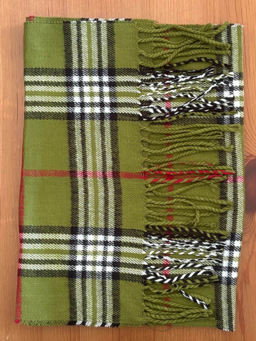 Cashmere Collection Olive Green Plaid Scarf with Fringe